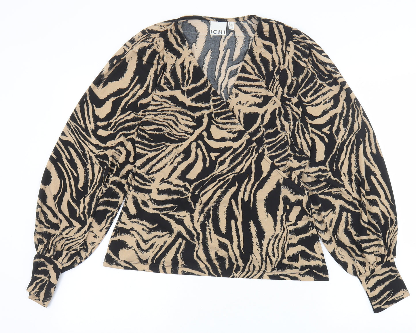 ICHI Womens Brown Animal Print Polyester Basic Blouse Size S V-Neck - Tiger Pattern