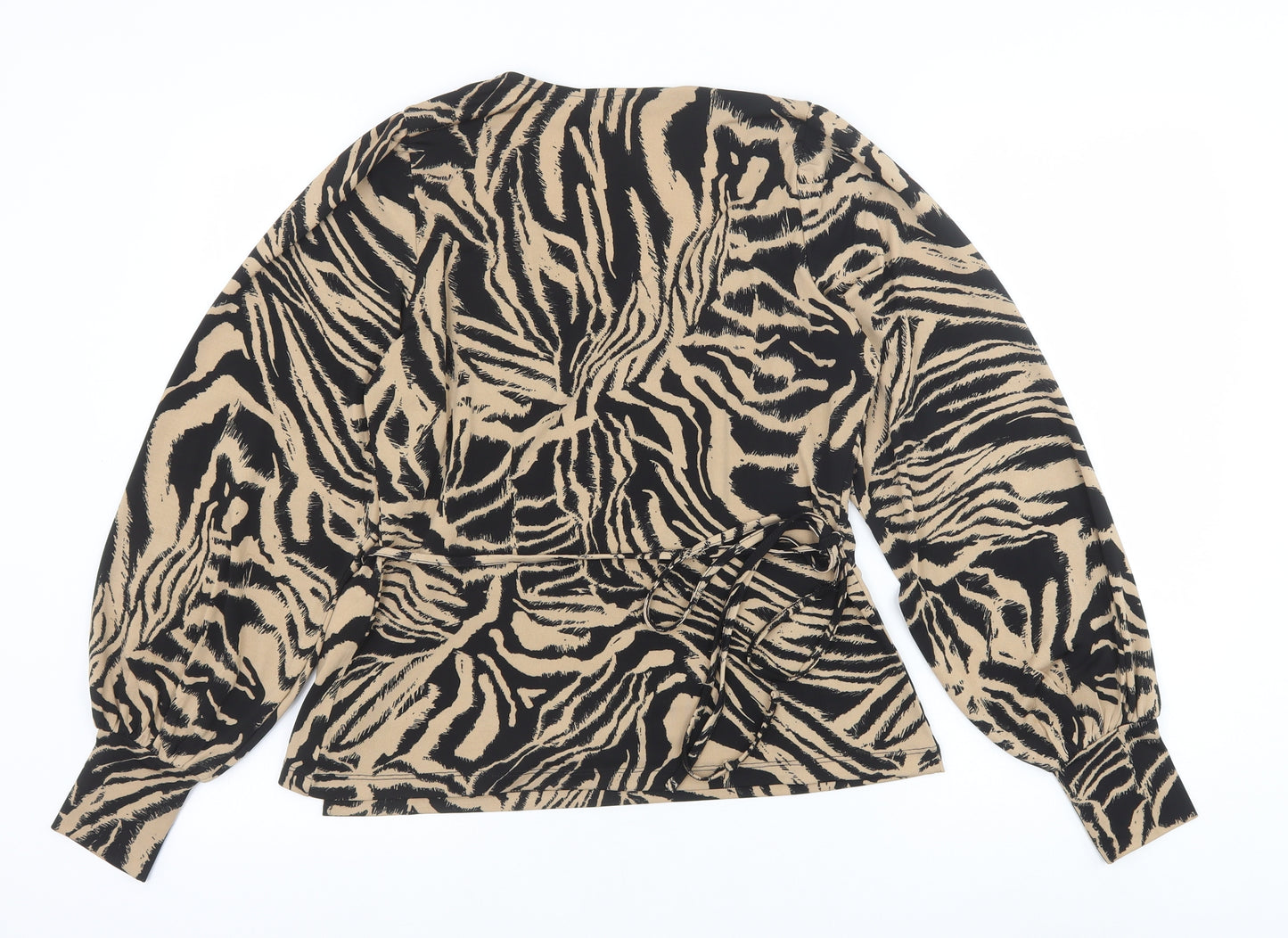 ICHI Womens Brown Animal Print Polyester Basic Blouse Size S V-Neck - Tiger Pattern