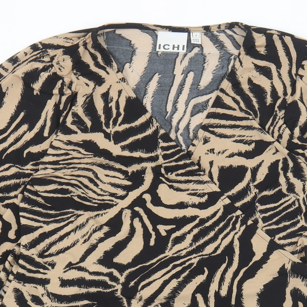 ICHI Womens Brown Animal Print Polyester Basic Blouse Size S V-Neck - Tiger Pattern