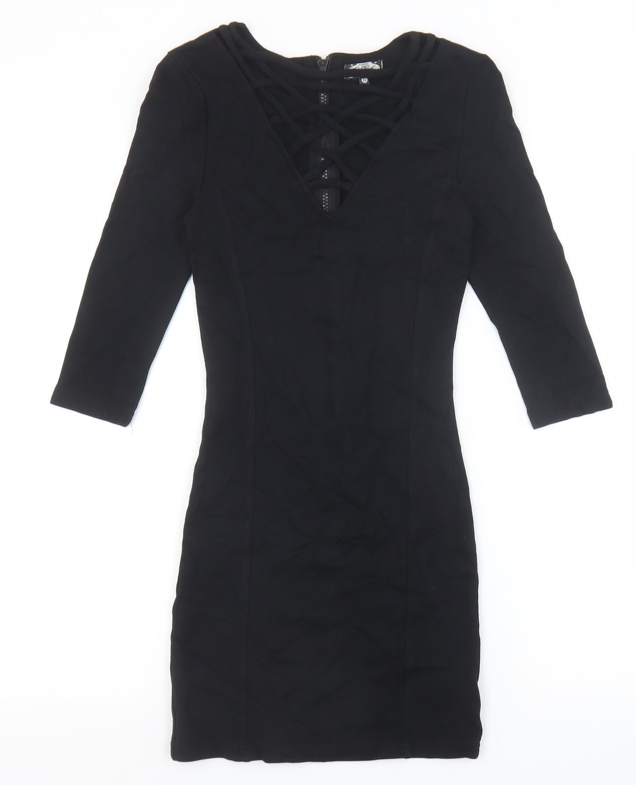 BIK BOK Womens Black Viscose Bodycon Size XS V-Neck Zip - Lattice Neck Detail