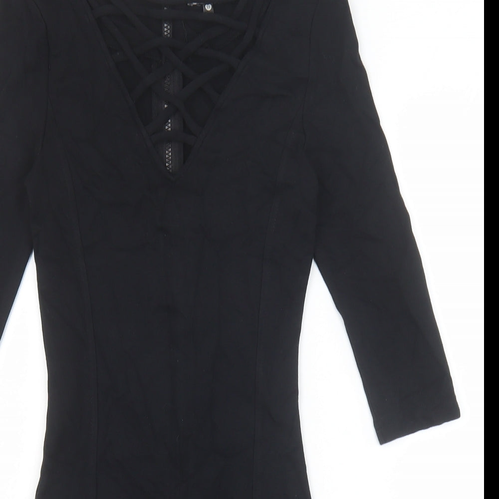 BIK BOK Womens Black Viscose Bodycon Size XS V-Neck Zip - Lattice Neck Detail