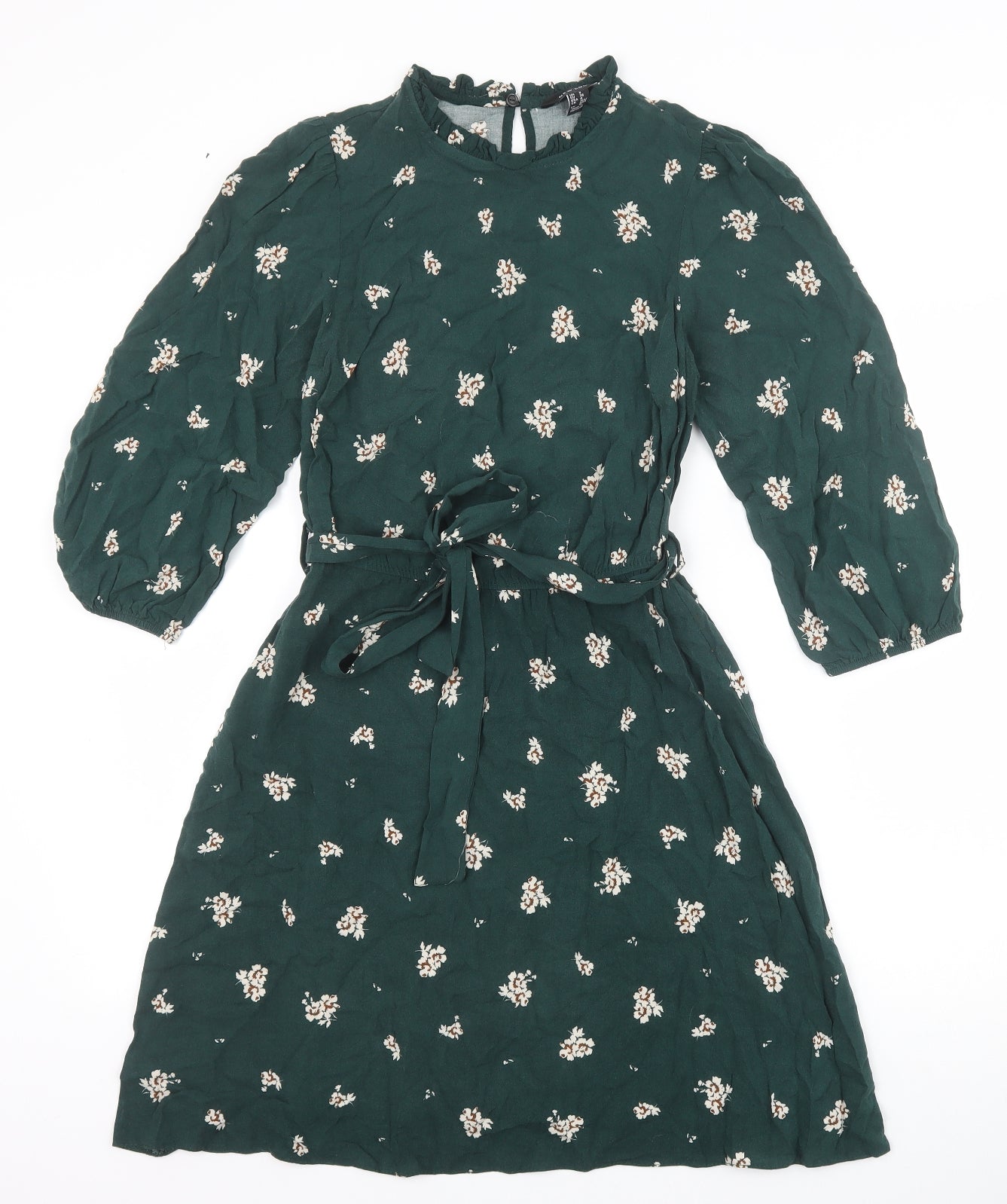 New Look Womens Green Floral Viscose A-Line Size 8 Round Neck Button