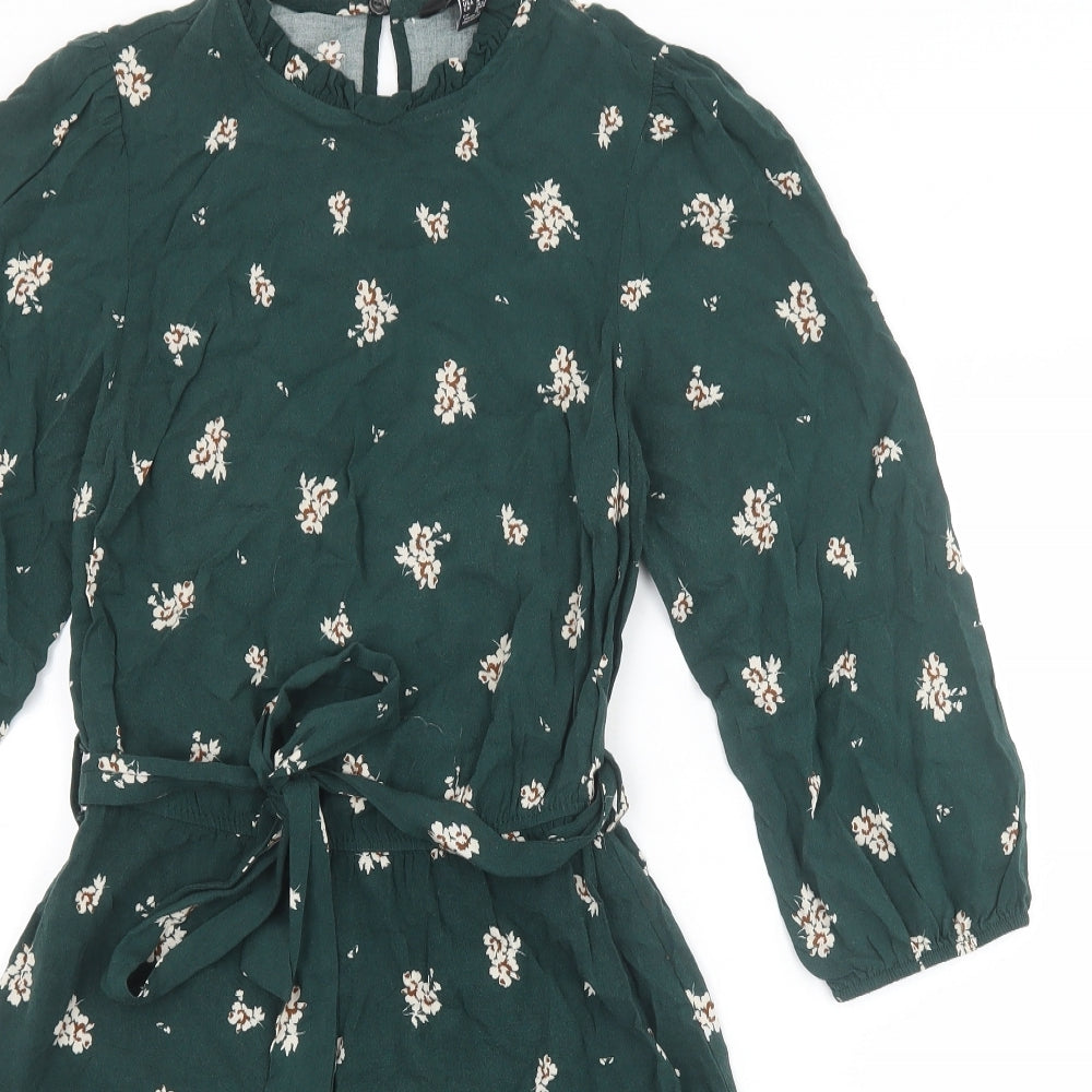 New Look Womens Green Floral Viscose A-Line Size 8 Round Neck Button