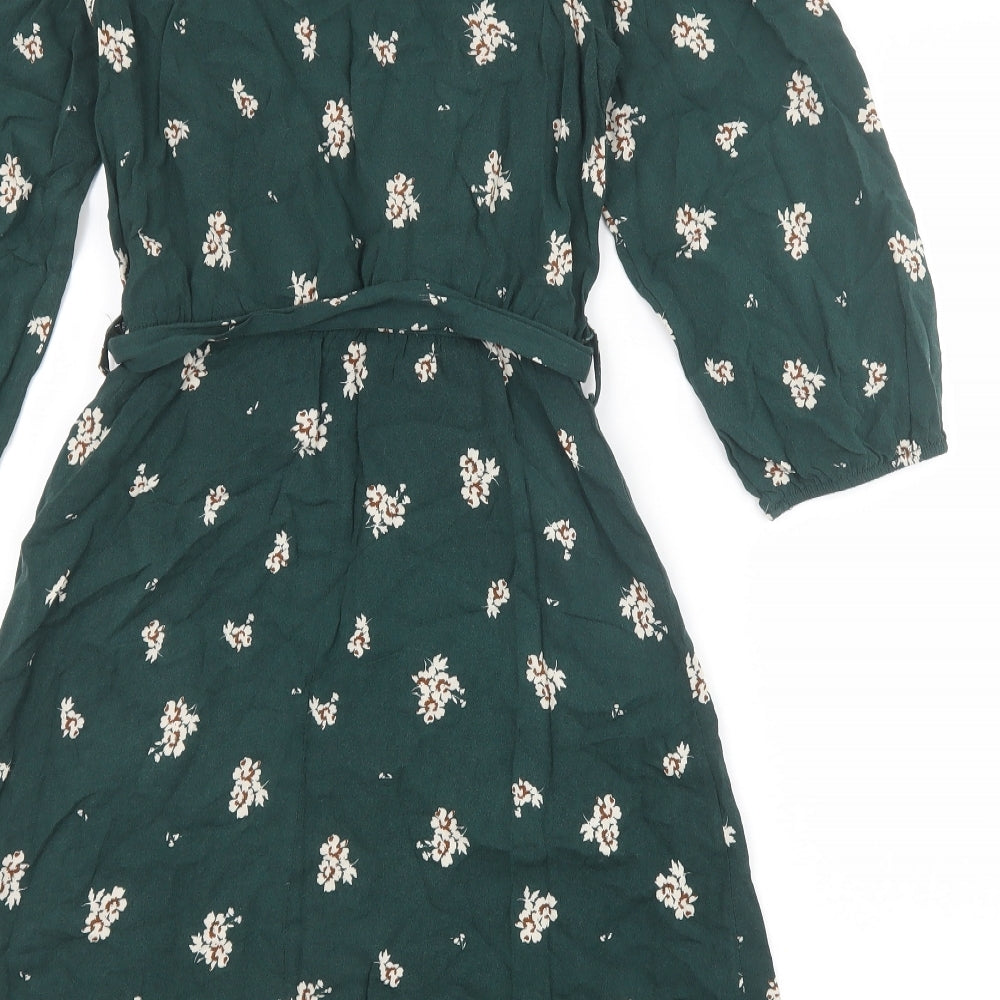New Look Womens Green Floral Viscose A-Line Size 8 Round Neck Button