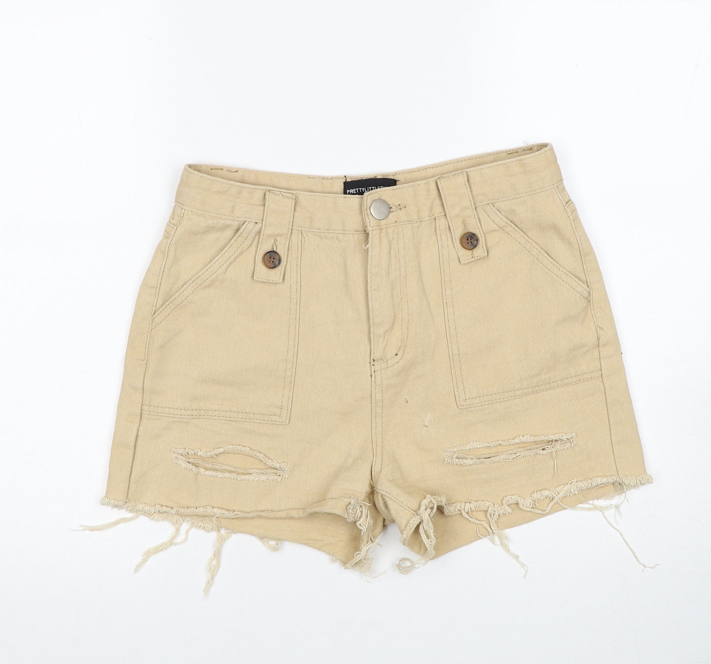 PRETTYLITTLETHING Womens Beige Cotton Cut-Off Shorts Size 8 Regular Zip