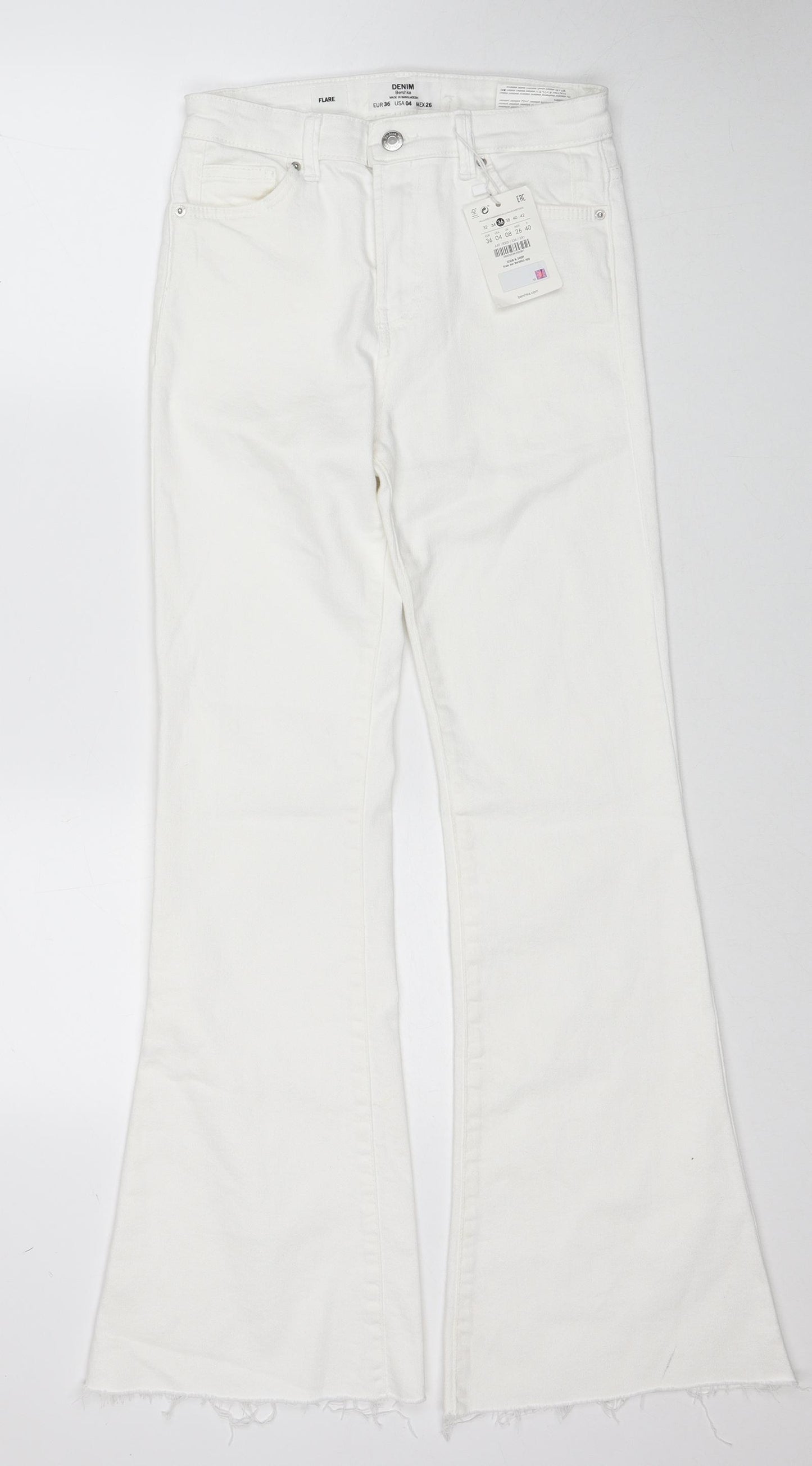 Bershka Womens White Cotton Flared Jeans Size 8 Regular Zip - Distressed Hems
