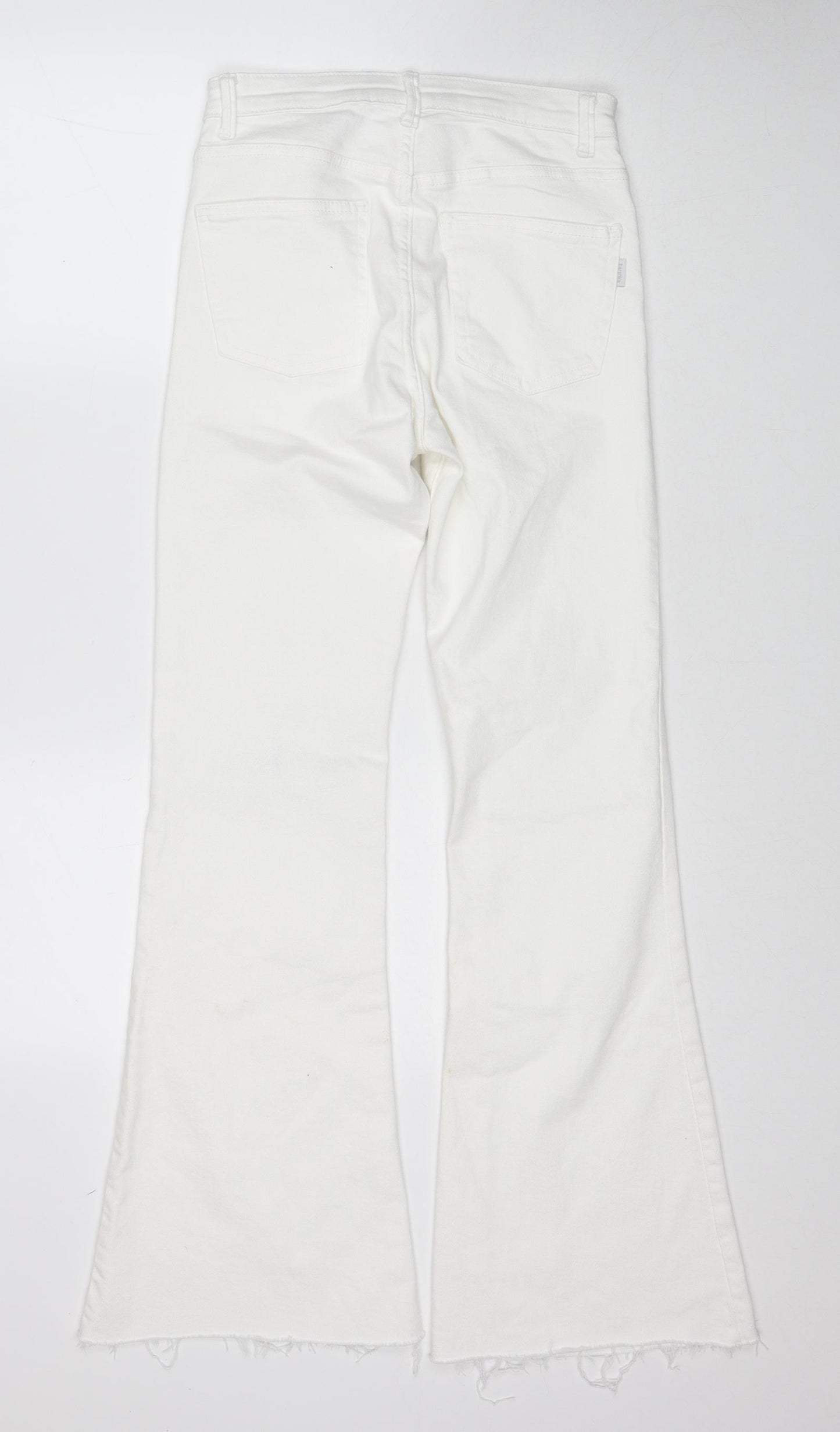Bershka Womens White Cotton Flared Jeans Size 8 Regular Zip - Distressed Hems