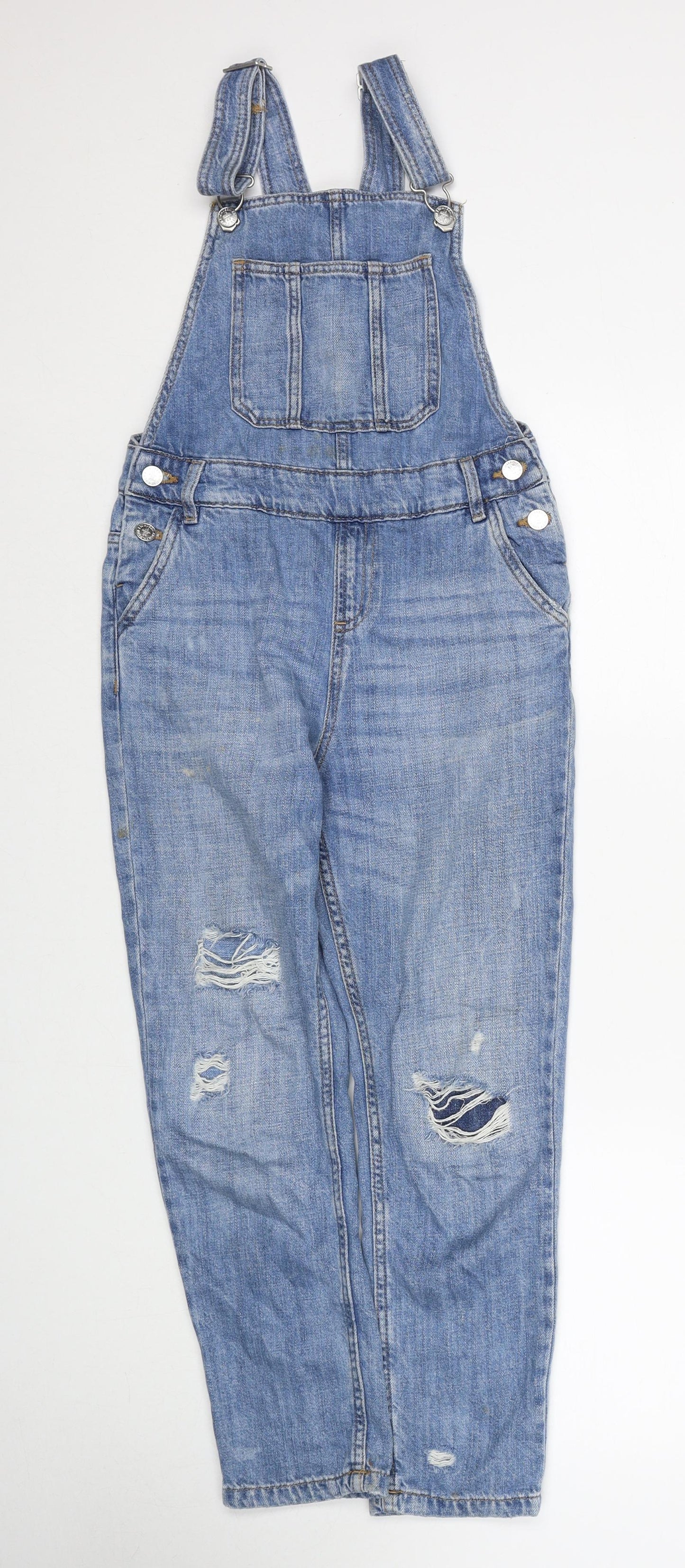 Marks and Spencer Girls Blue Cotton Dungaree One-Piece Size 9-10 Years Button - Distressed