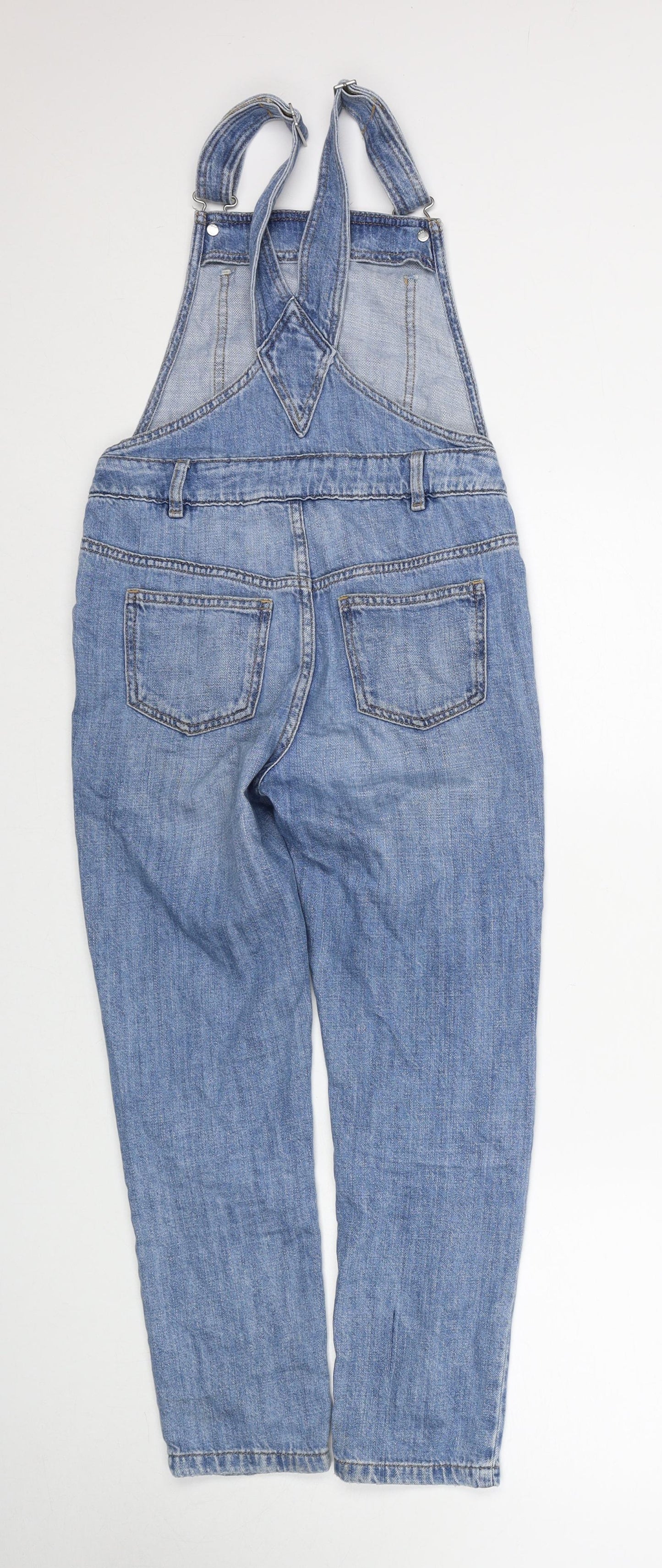 Marks and Spencer Girls Blue Cotton Dungaree One-Piece Size 9-10 Years Button - Distressed