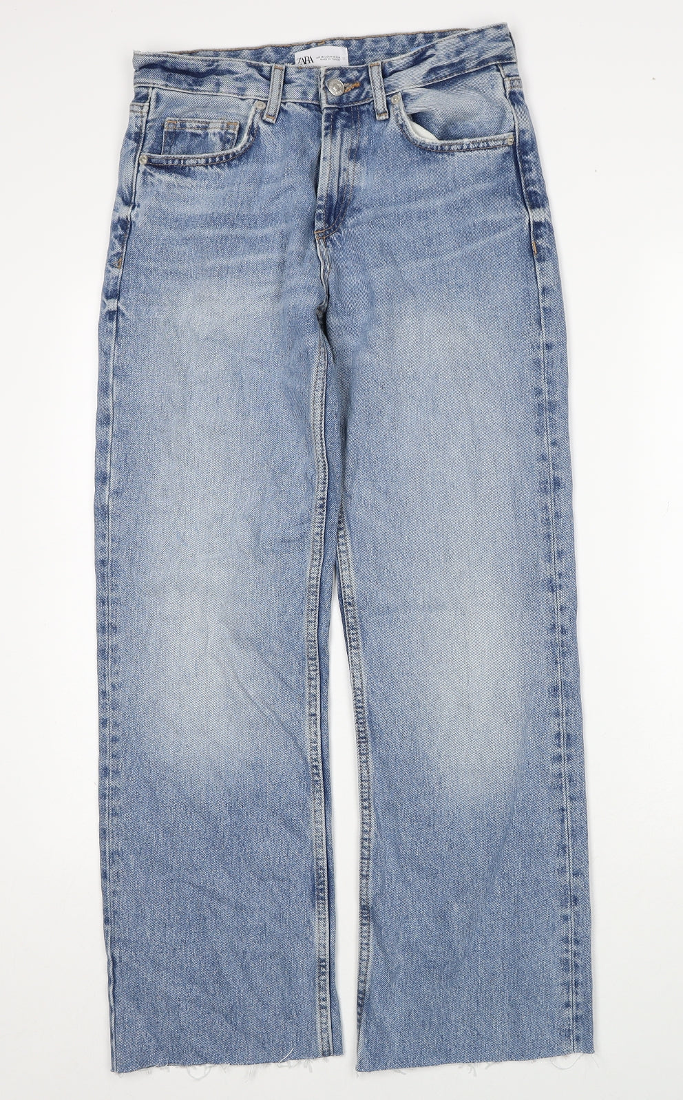 Zara Womens Blue Cotton Straight Jeans Size 8 Regular Zip - Distressed Hems