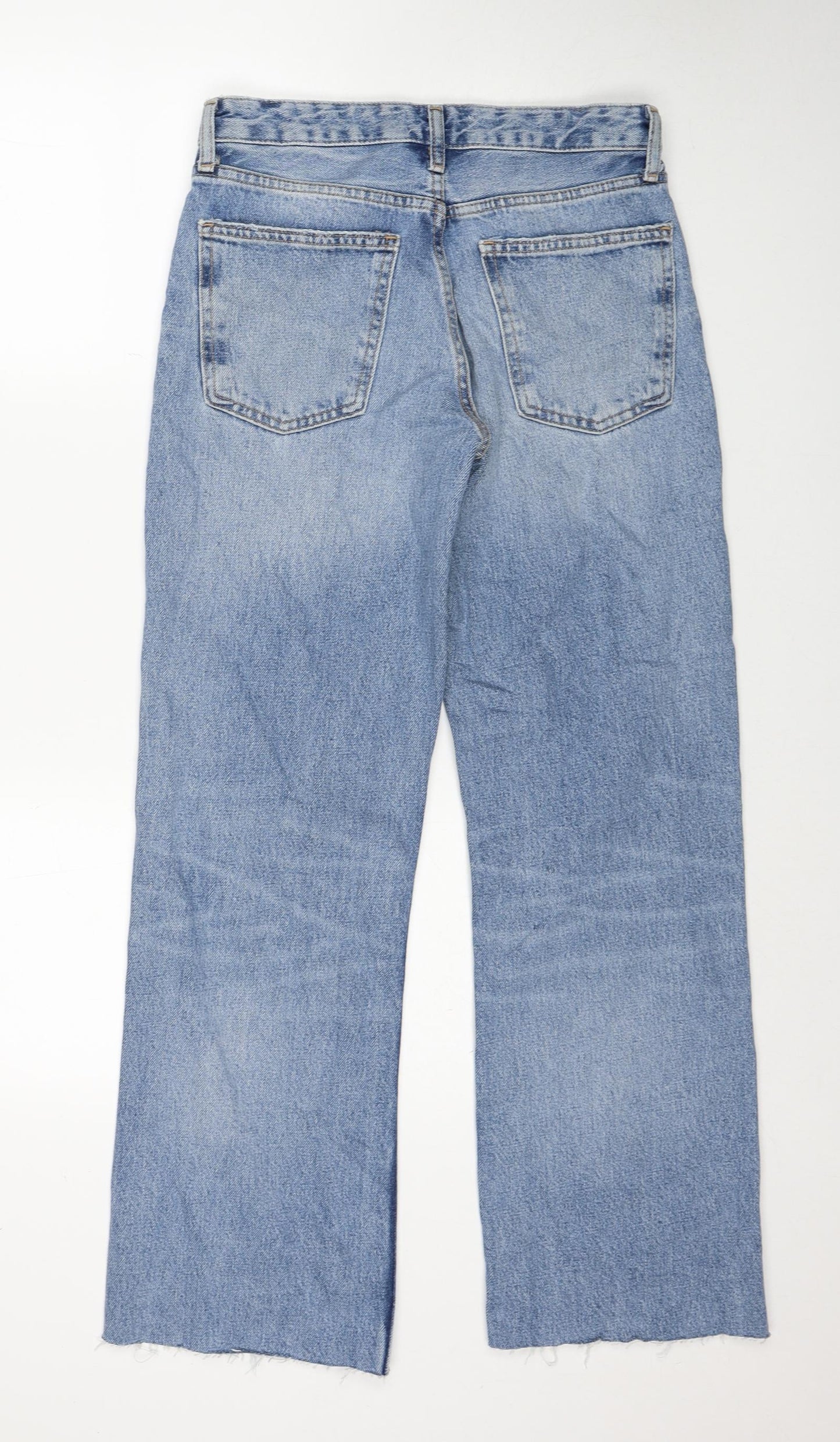 Zara Womens Blue Cotton Straight Jeans Size 8 Regular Zip - Distressed Hems