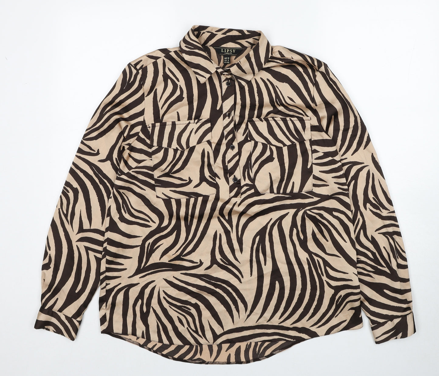 Lipsy Womens Brown Animal Print Polyacrylate Fibre Basic Blouse Size 12 Collared - Tiger Pattern