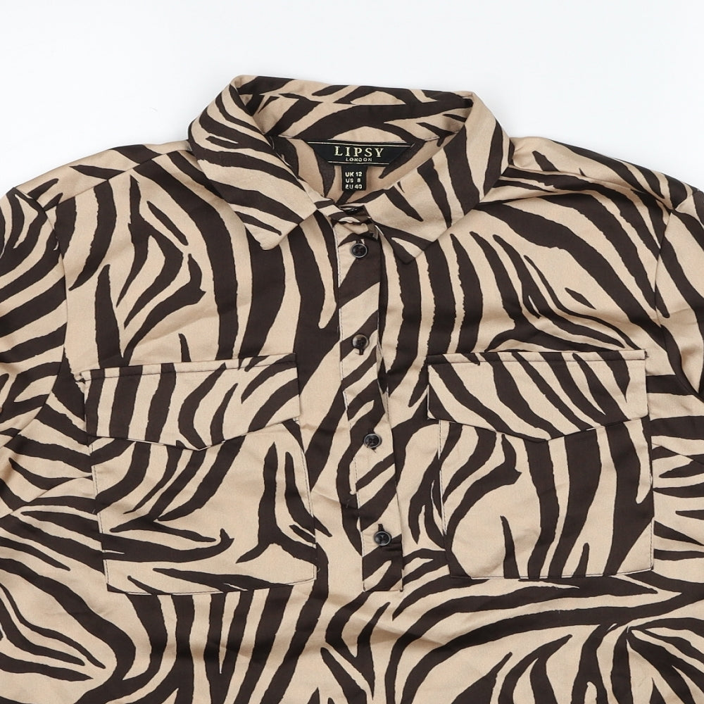 Lipsy Womens Brown Animal Print Polyacrylate Fibre Basic Blouse Size 12 Collared - Tiger Pattern