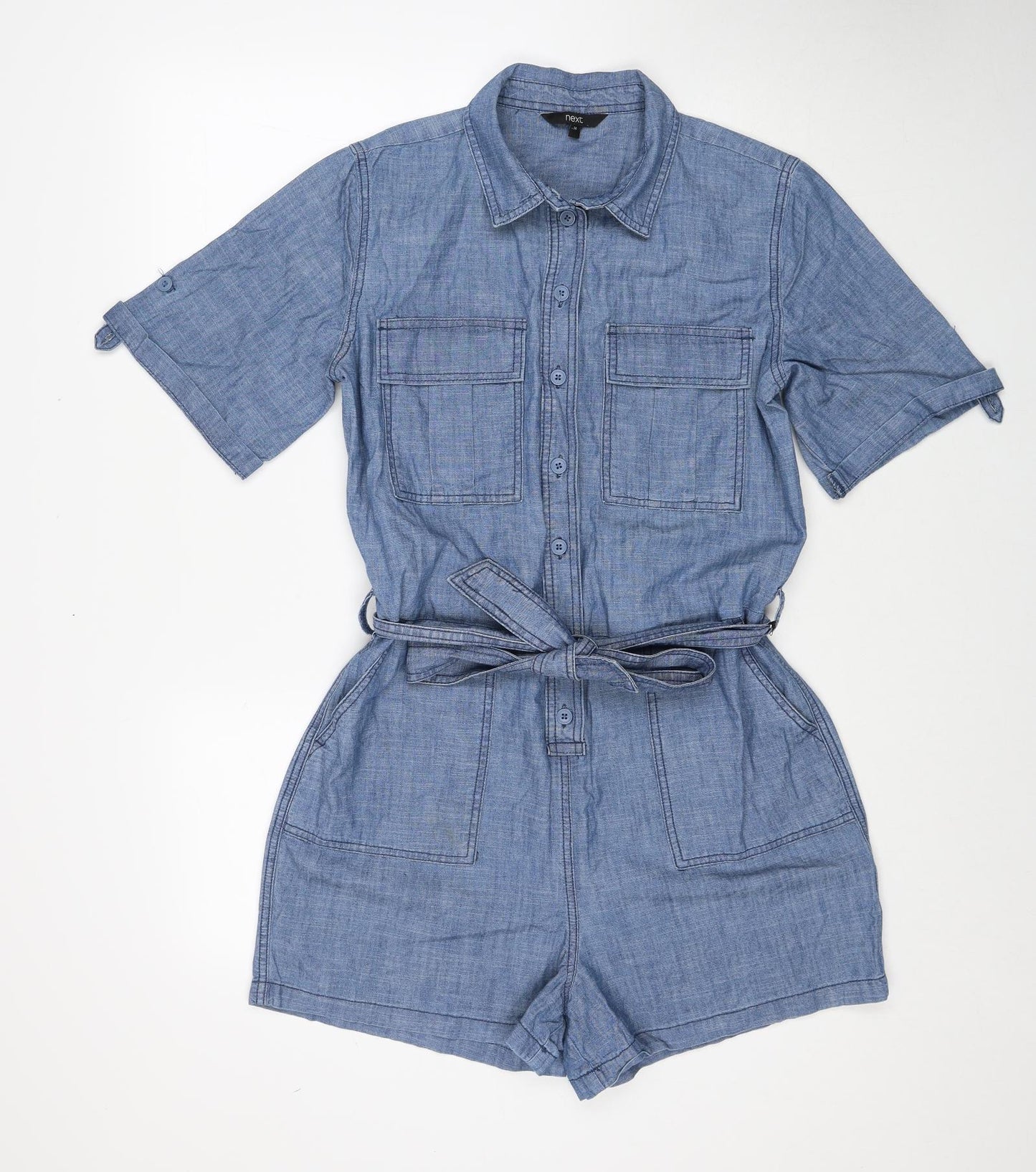 NEXT Womens Blue Cotton Playsuit One-Piece Size 14 Button