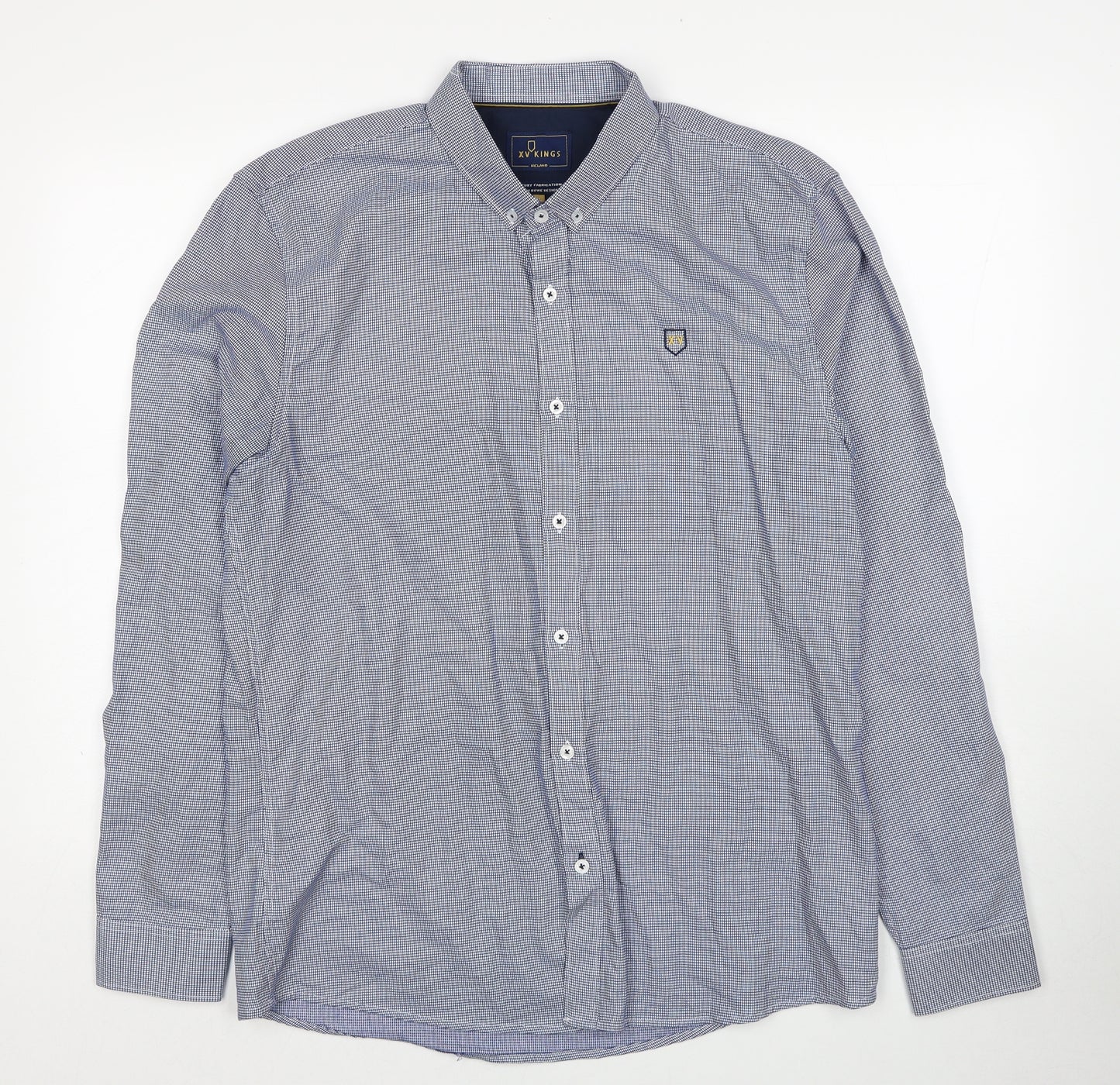 XV Kings Mens Blue Geometric Cotton Dress Shirt Size XL Collared Button