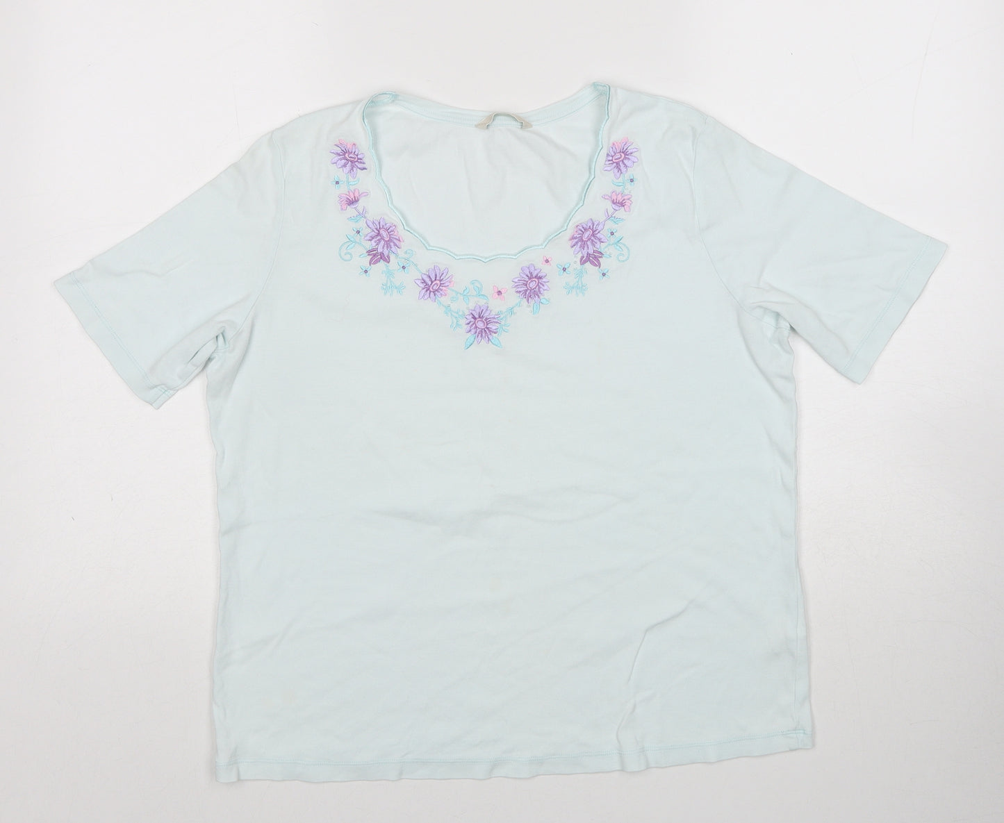Marks and Spencer Womens Blue Cotton Basic T-Shirt Size 12 Round Neck - Flower Detail