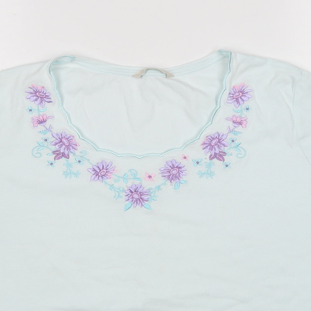 Marks and Spencer Womens Blue Cotton Basic T-Shirt Size 12 Round Neck - Flower Detail