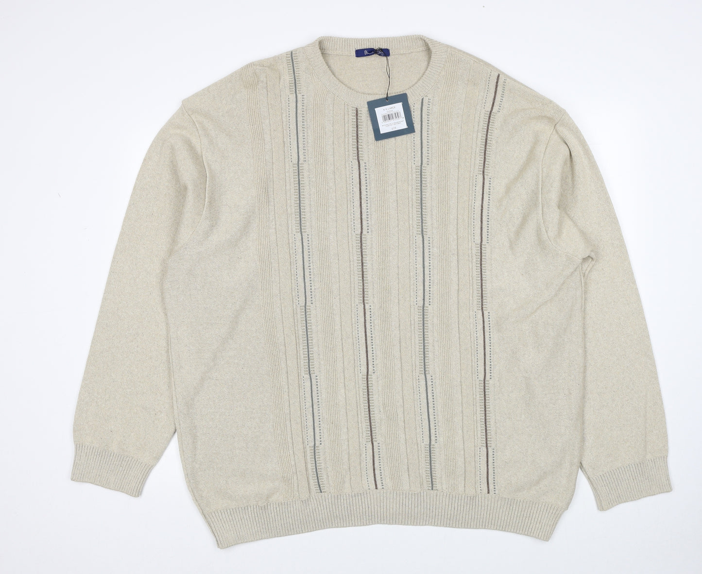 BHS Mens Beige Round Neck Cotton Pullover Jumper Size 2XL Long Sleeve