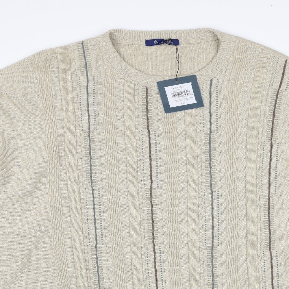 BHS Mens Beige Round Neck Cotton Pullover Jumper Size 2XL Long Sleeve