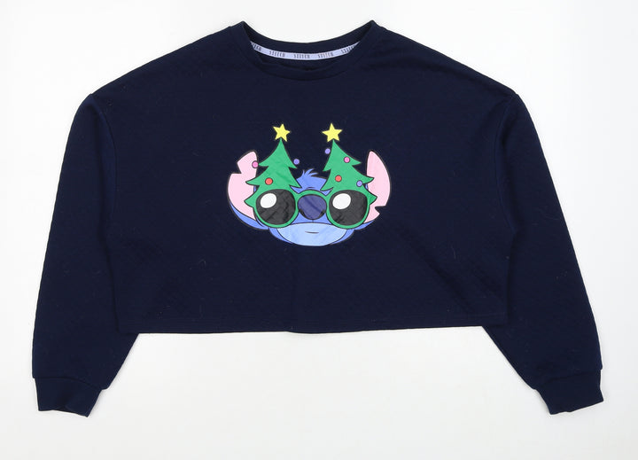 Disney Womens Blue Polyester Pullover Sweatshirt Size 12 Pullover - Stitch Christmas, Cropped