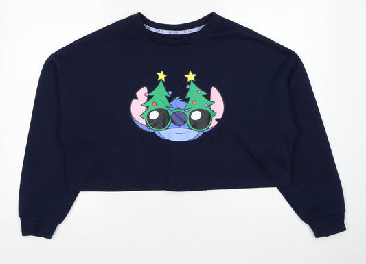 Front view of Disney women’s blue polyester pullover sweatshirt, size UK 12, pullover - stitch christmas, cropped