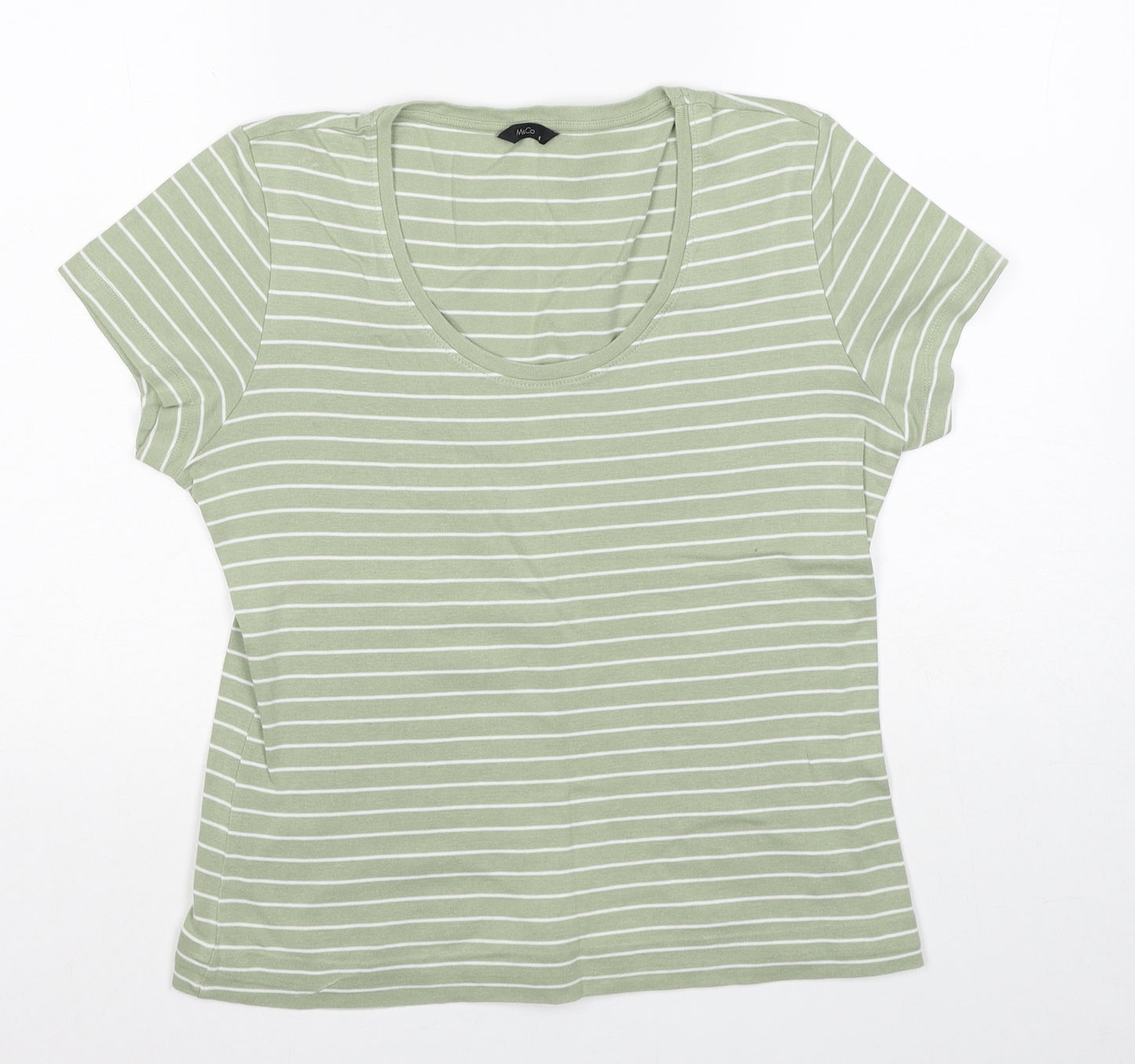 M&Co Womens Green Striped Cotton Basic T-Shirt Size 16 Scoop Neck