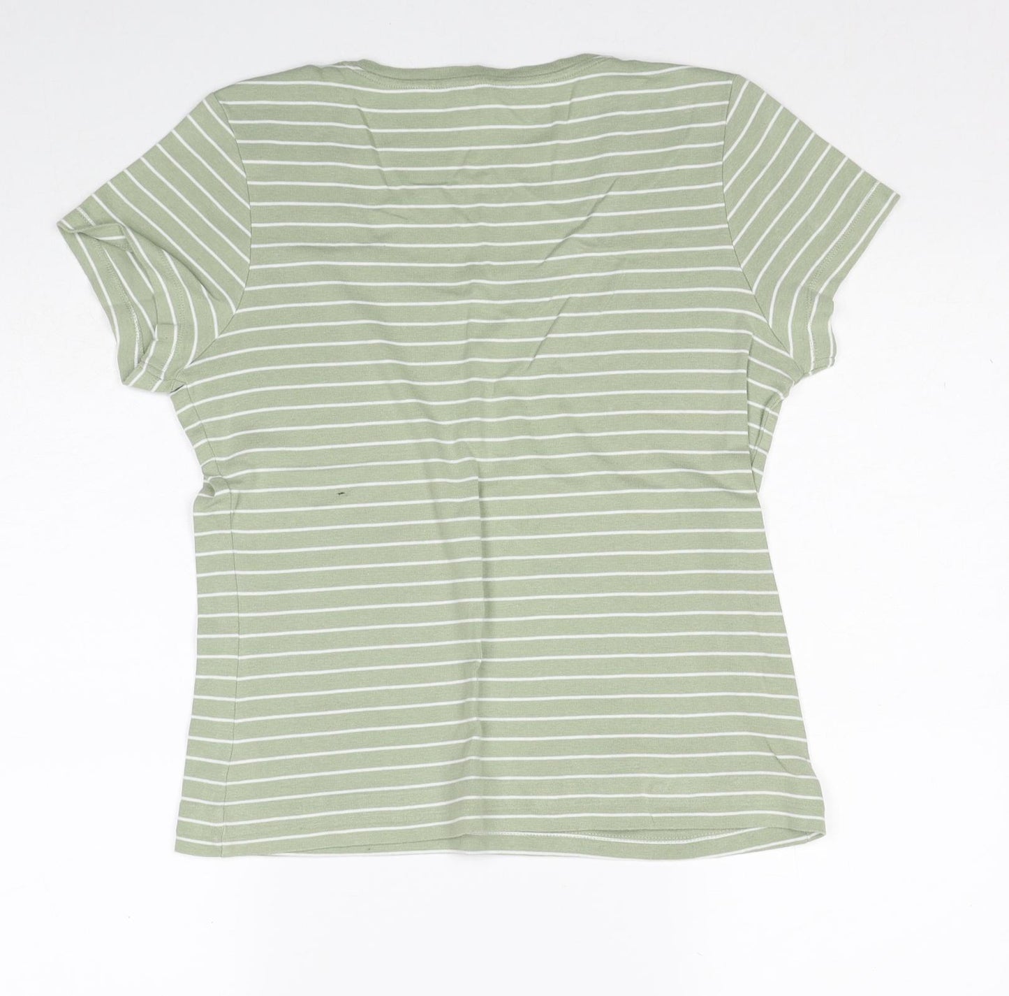 M&Co Womens Green Striped Cotton Basic T-Shirt Size 16 Scoop Neck