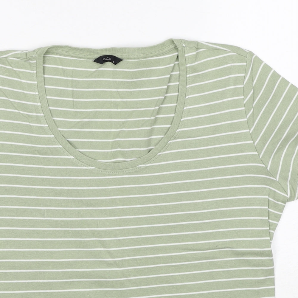 M&Co Womens Green Striped Cotton Basic T-Shirt Size 16 Scoop Neck
