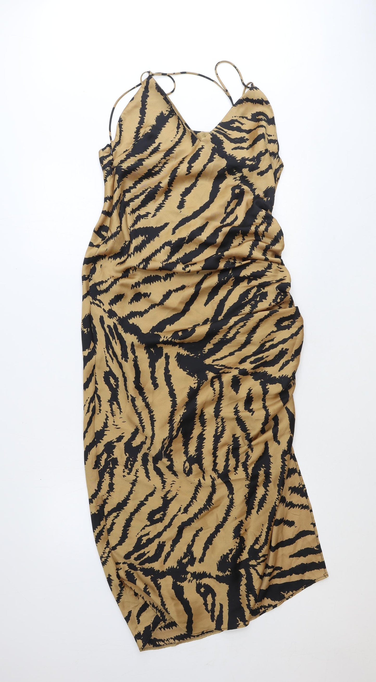 Zara Womens Brown Animal Print Polyester Slip Dress Size L V-Neck Tie - Tiger Print