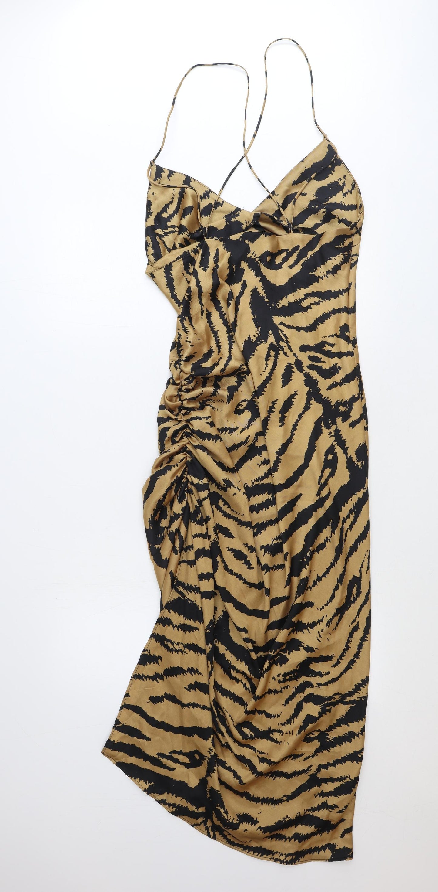 Zara Womens Brown Animal Print Polyester Slip Dress Size L V-Neck Tie - Tiger Print
