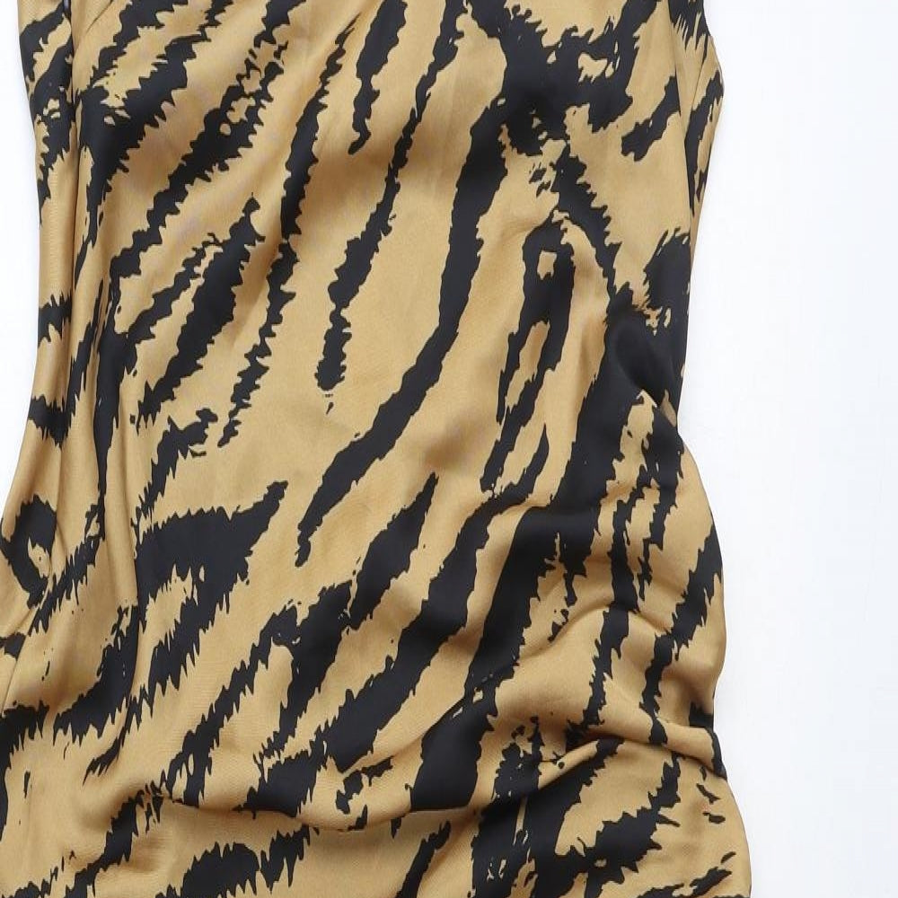 Zara Womens Brown Animal Print Polyester Slip Dress Size L V-Neck Tie - Tiger Print