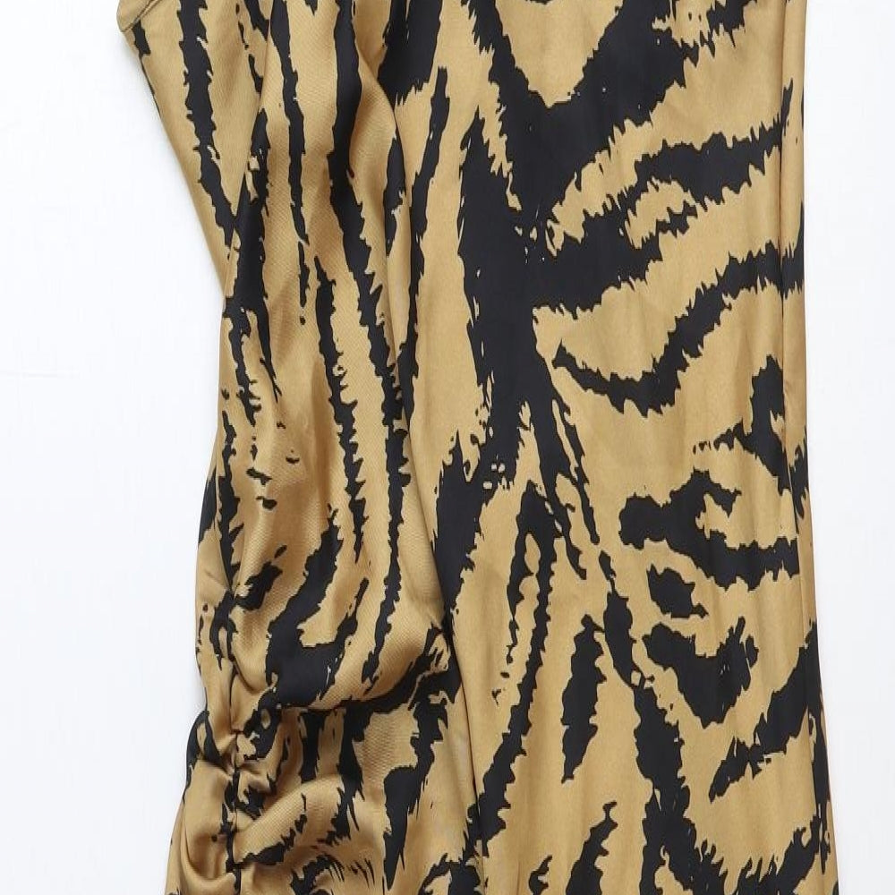 Zara Womens Brown Animal Print Polyester Slip Dress Size L V-Neck Tie - Tiger Print