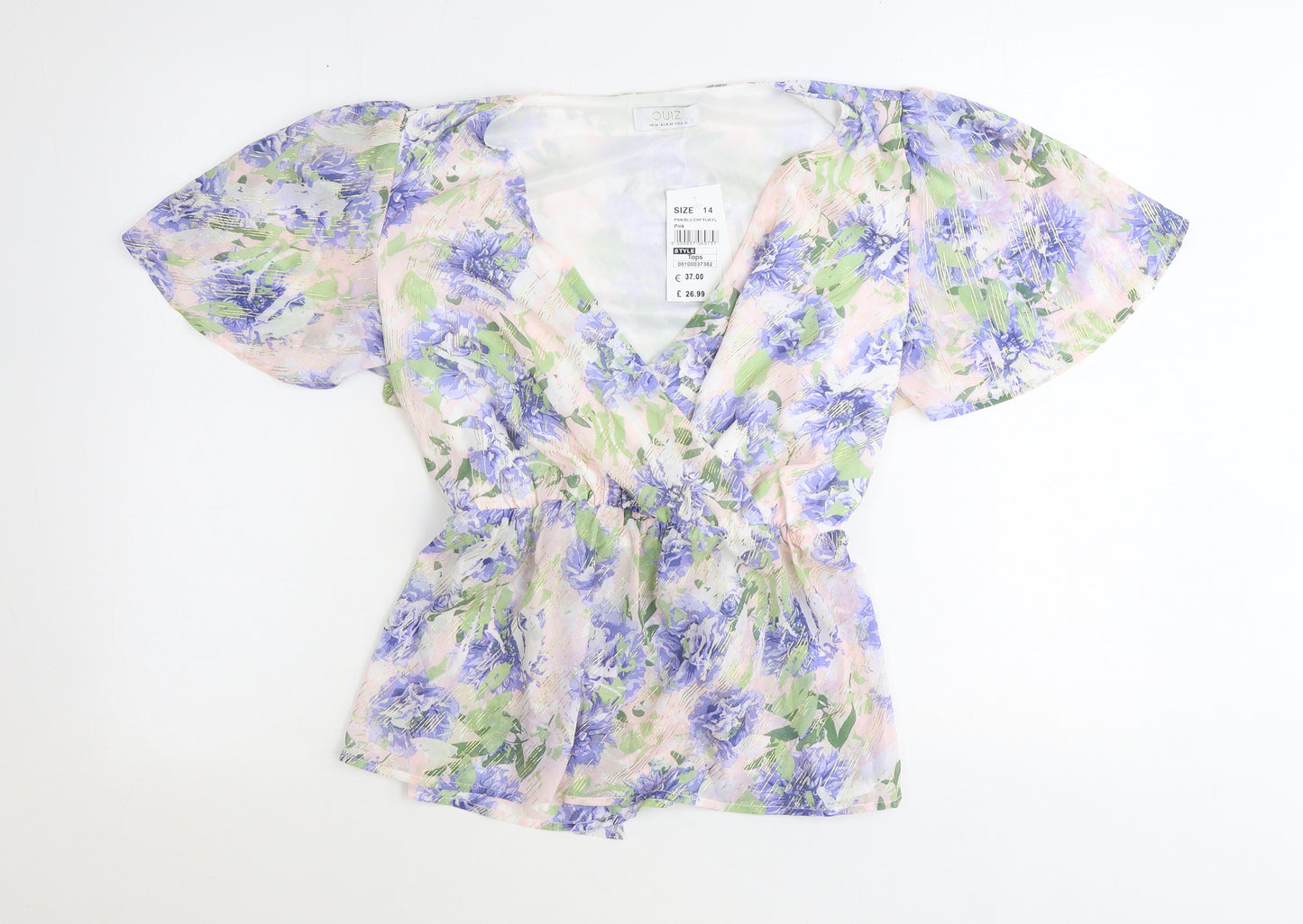 Quiz Womens Blue Floral Polyester Basic Blouse Size 14 V-Neck