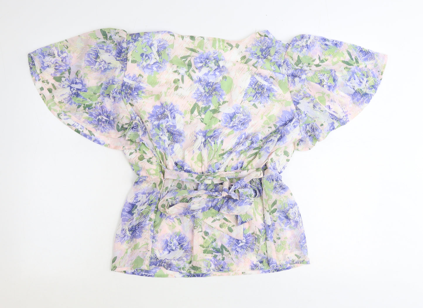 Quiz Womens Blue Floral Polyester Basic Blouse Size 14 V-Neck