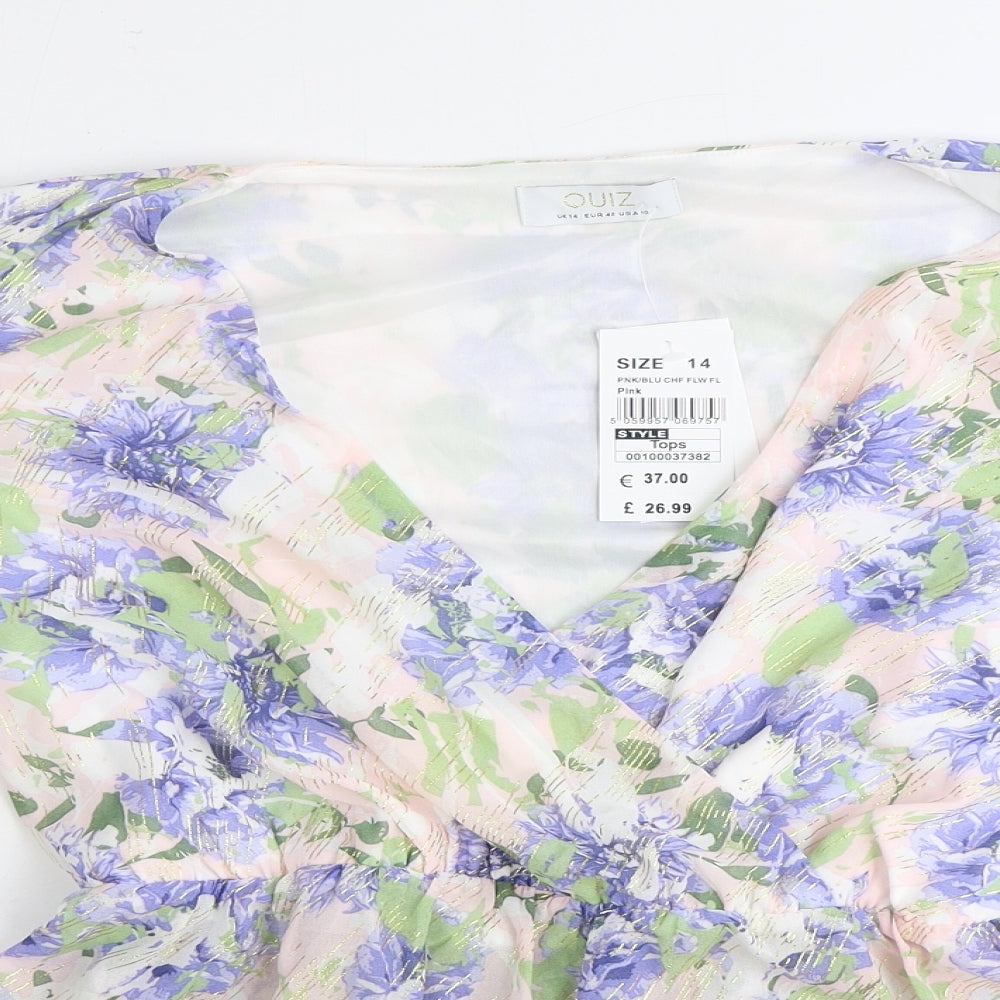 Quiz Womens Blue Floral Polyester Basic Blouse Size 14 V-Neck