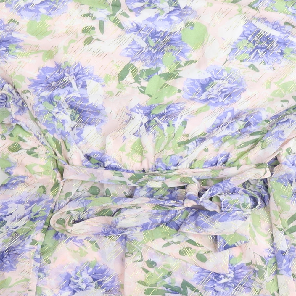Quiz Womens Blue Floral Polyester Basic Blouse Size 14 V-Neck