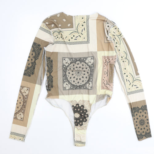 PRETTYLITTLETHING Womens Brown Geometric Polyester Bodysuit One-Piece Size 16 Snap - Patchwork