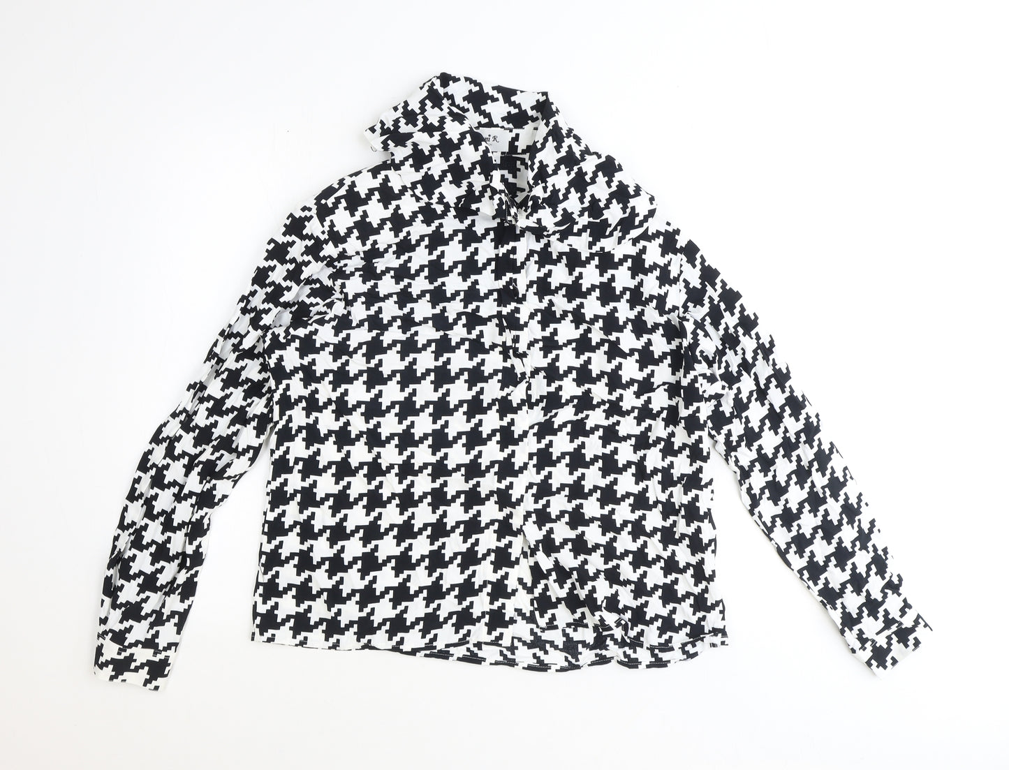 jenni R Womens Black Geometric Polyester Basic Blouse Size 14 High Neck