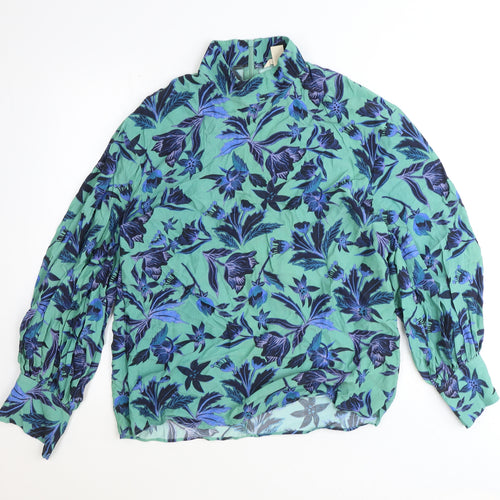 H&M Womens Blue Floral Polyester Basic Blouse Size 8 Mock Neck