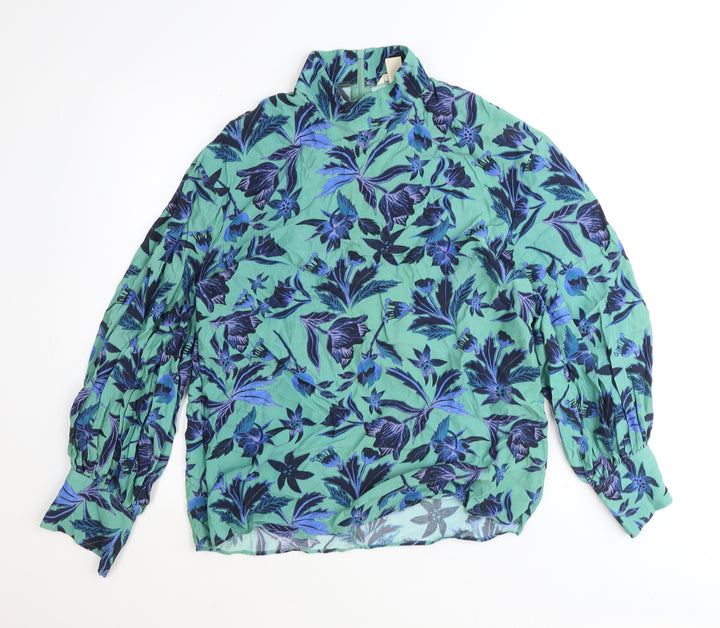 H&M Womens Blue Floral Polyester Basic Blouse Size 8 Mock Neck