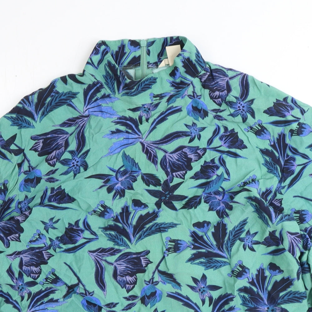 H&M Womens Blue Floral Polyester Basic Blouse Size 8 Mock Neck