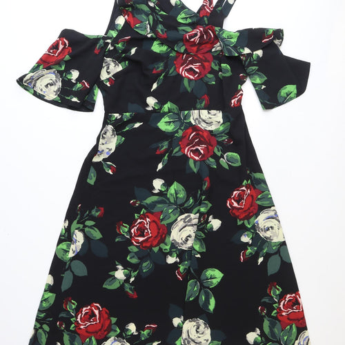 Papaya Womens Black Floral Polyester Fit & Flare Size 14 V-Neck Pullover - Cold Shoulder