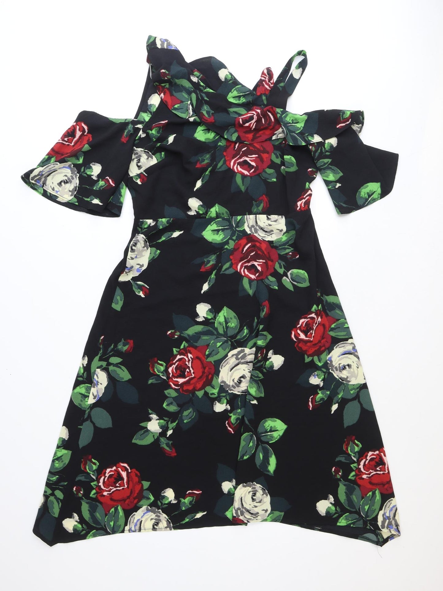 Papaya Womens Black Floral Polyester Fit & Flare Size 14 V-Neck Pullover - Cold Shoulder