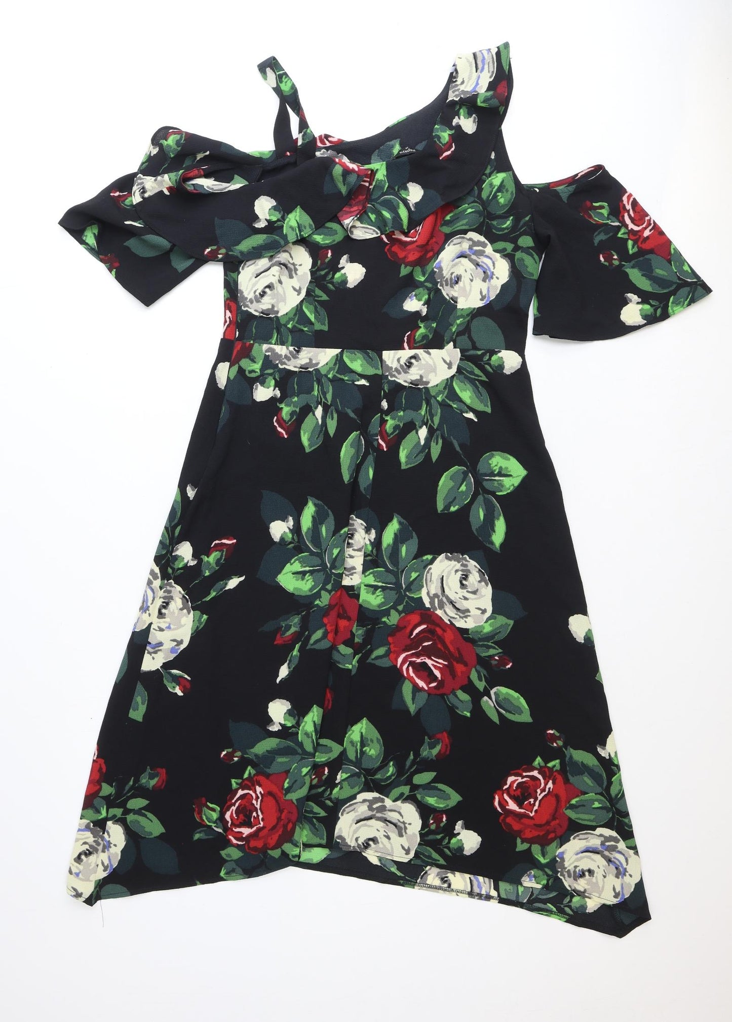 Papaya Womens Black Floral Polyester Fit & Flare Size 14 V-Neck Pullover - Cold Shoulder