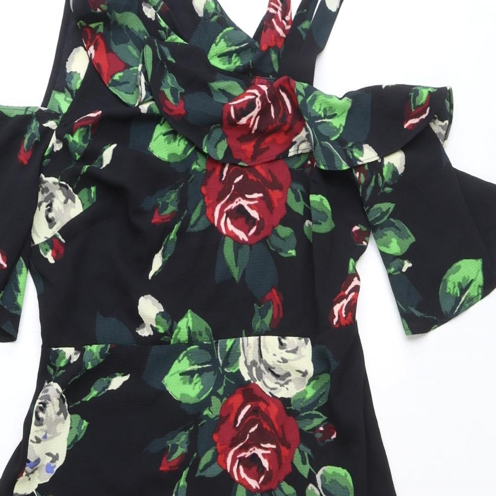 Papaya Womens Black Floral Polyester Fit & Flare Size 14 V-Neck Pullover - Cold Shoulder
