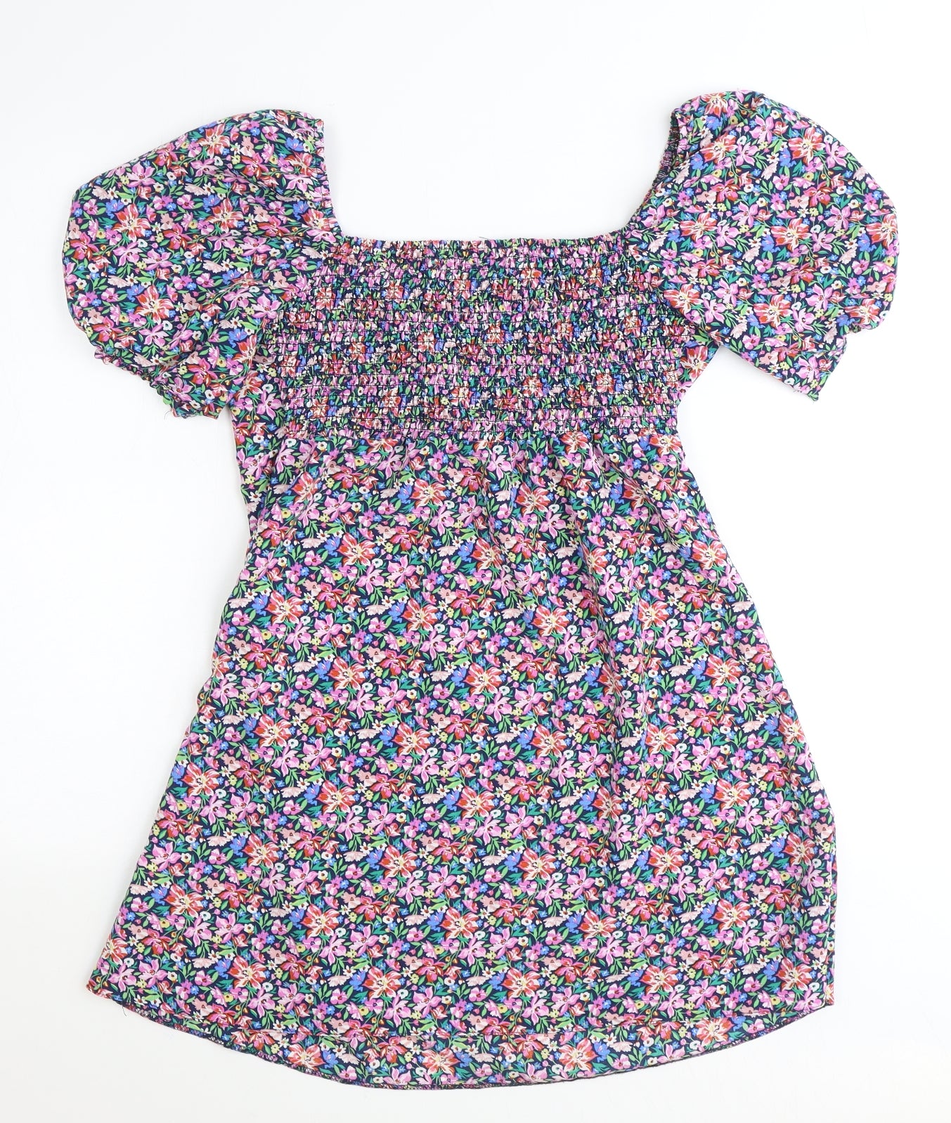 New Look Womens Multicoloured Floral Polyester A-Line Size 12 Square Neck Pullover - Puff Sleeve