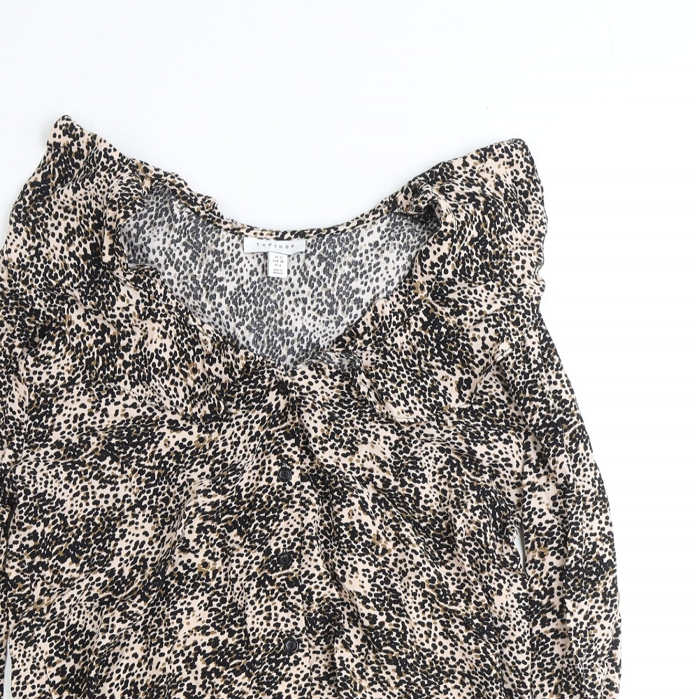 Topshop Womens Brown Geometric Polyester Basic Button-Up Size 10 V-Neck