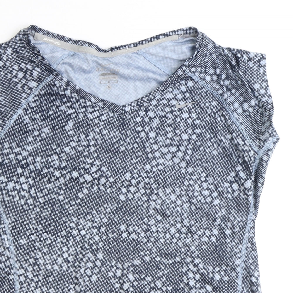 Nike Womens Grey Geometric Polyester Basic T-Shirt Size M V-Neck Pullover