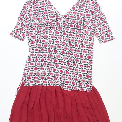 NEXT Womens Red Geometric Polyester A-Line Size 8 V-Neck Pullover - Pleated