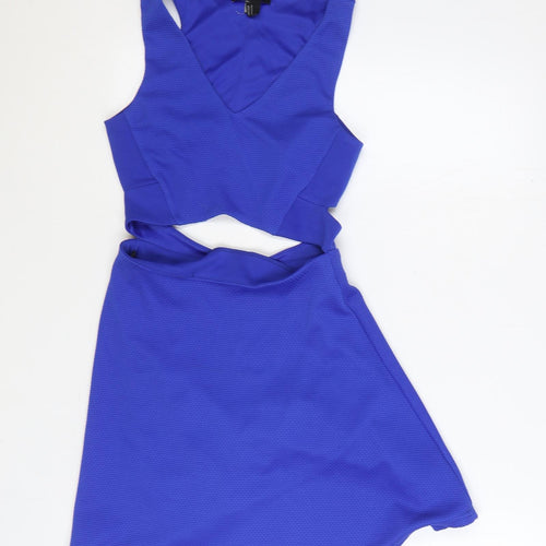 Preworn Womens Blue Polyester A-Line Size S V-Neck Zip - Cut Out